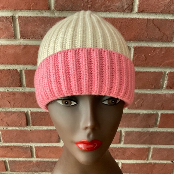 William Lockie Cashmere Cream Pink Ribbed Cuffed Beanie Hat Made in Scotland NEW - Picture 3 of 9